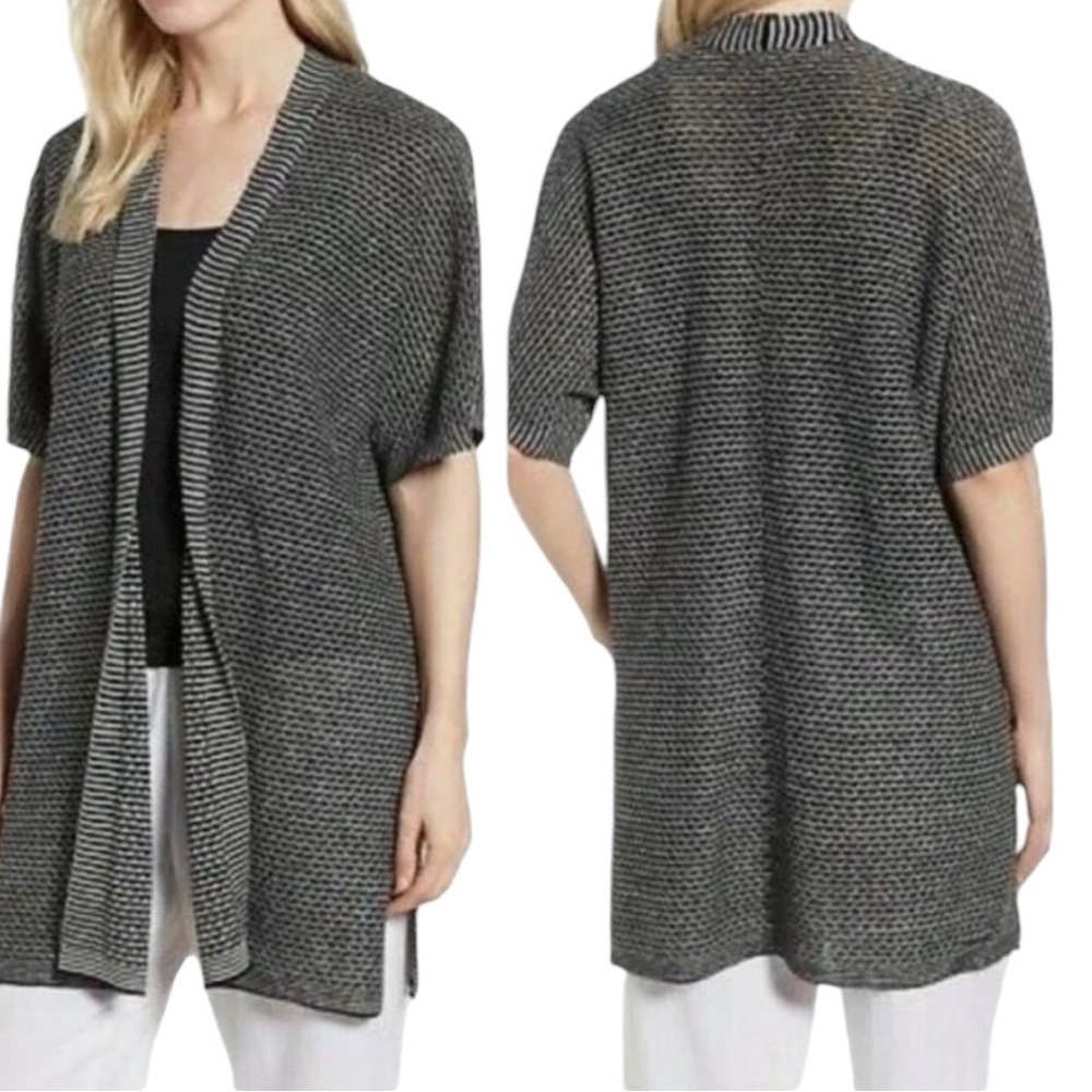 EILEEN FISHER Cardigan L 100% Organic Linen Kimono Open Front Striped Sweater